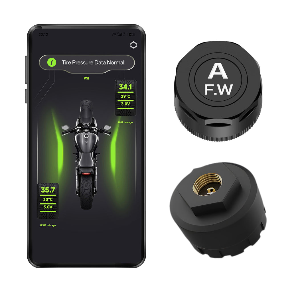 Motorcycle Bluetooth TPMS Tire Pressure Monitoring System, Wireless Bluetooth 5.0 Connect to Phone APP, Real-Time Tire Pressure & Temperature Display with Alarm, IP67 Waterproof External Sensors for Motorbike Scooter ATV