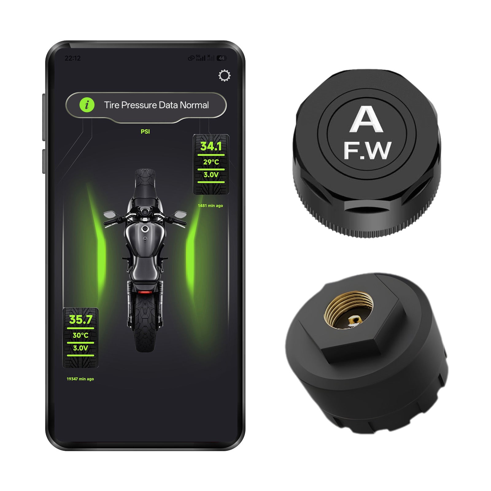 Motorcycle Bluetooth TPMS Tire Pressure Monitoring System, Wireless Bluetooth 5.0 Connect to Phone APP, Real-Time Tire Pressure & Temperature Display with Alarm, IP67 Waterproof External Sensors for Motorbike Scooter ATV