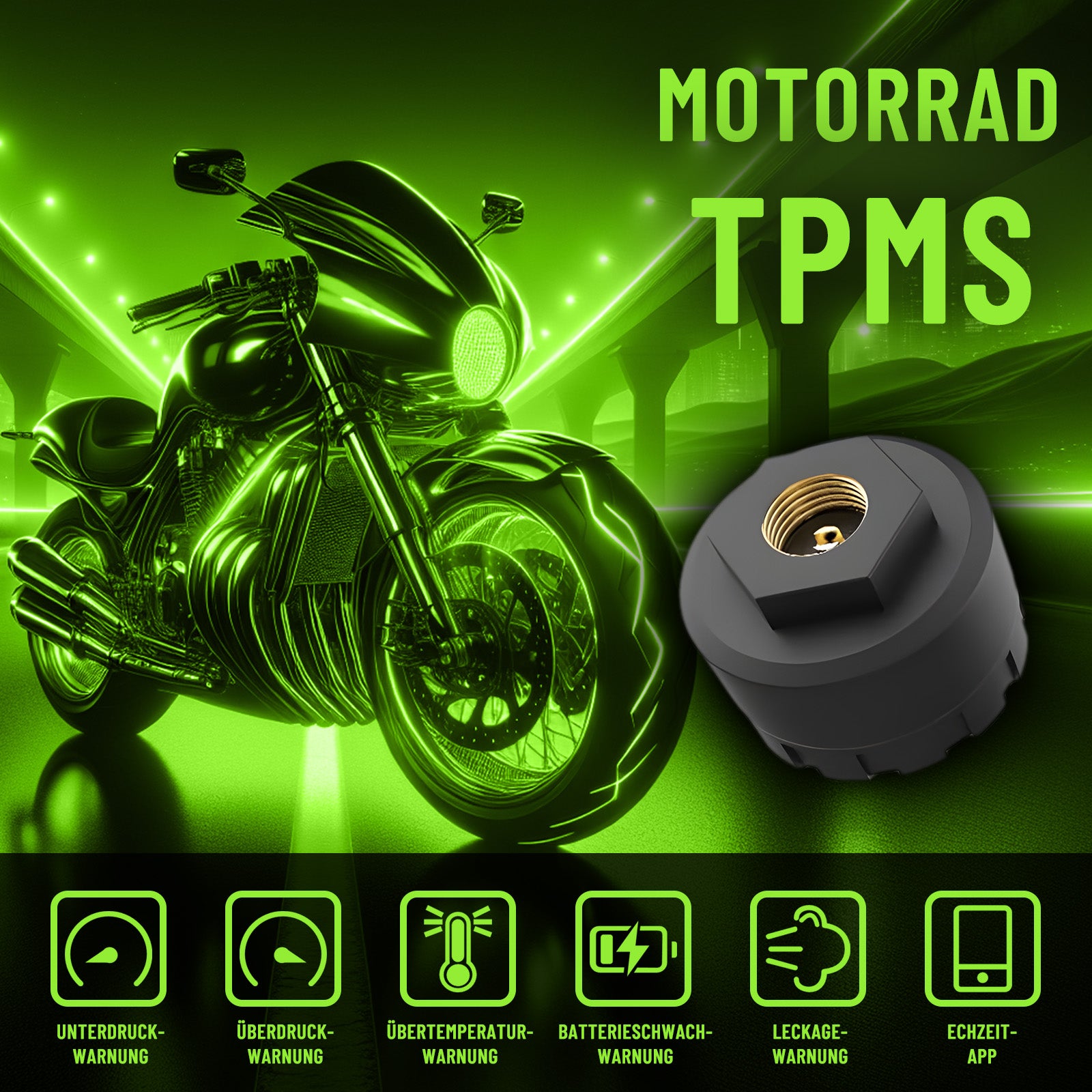 Motorcycle Bluetooth TPMS Tire Pressure Monitoring System, Wireless Bluetooth 5.0 Connect to Phone APP, Real-Time Tire Pressure & Temperature Display with Alarm, IP67 Waterproof External Sensors for Motorbike Scooter ATV