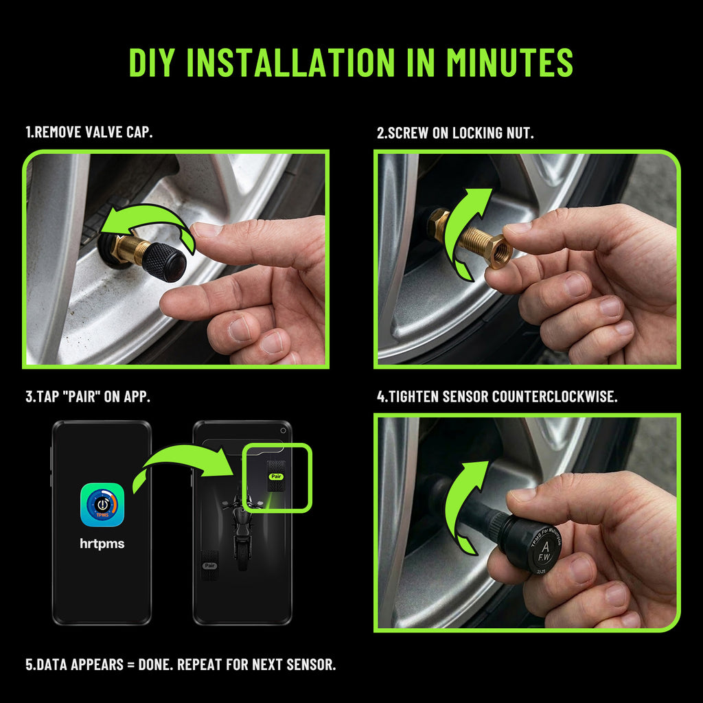 Motorcycle Bluetooth TPMS Tire Pressure Monitoring System, Wireless Bluetooth 5.0 Connect to Phone APP, Real-Time Tire Pressure & Temperature Display with Alarm, IP67 Waterproof External Sensors for Motorbike Scooter ATV