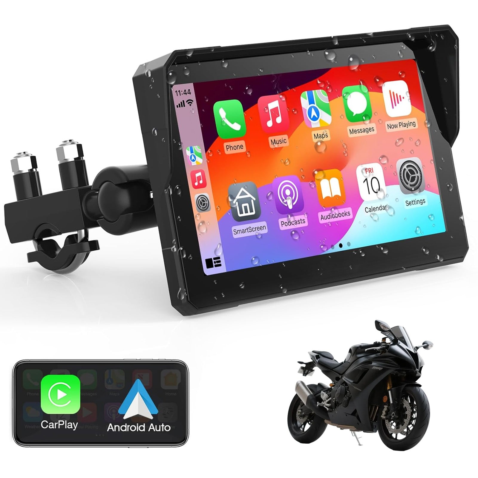 AotuLink 7-Inch Wireless Motorcycle Carplay GPS Navigation System with Apple Carplay and Android Auto, Portable Moto Car Play Screen, Navigation, Siri, Google Assistant.