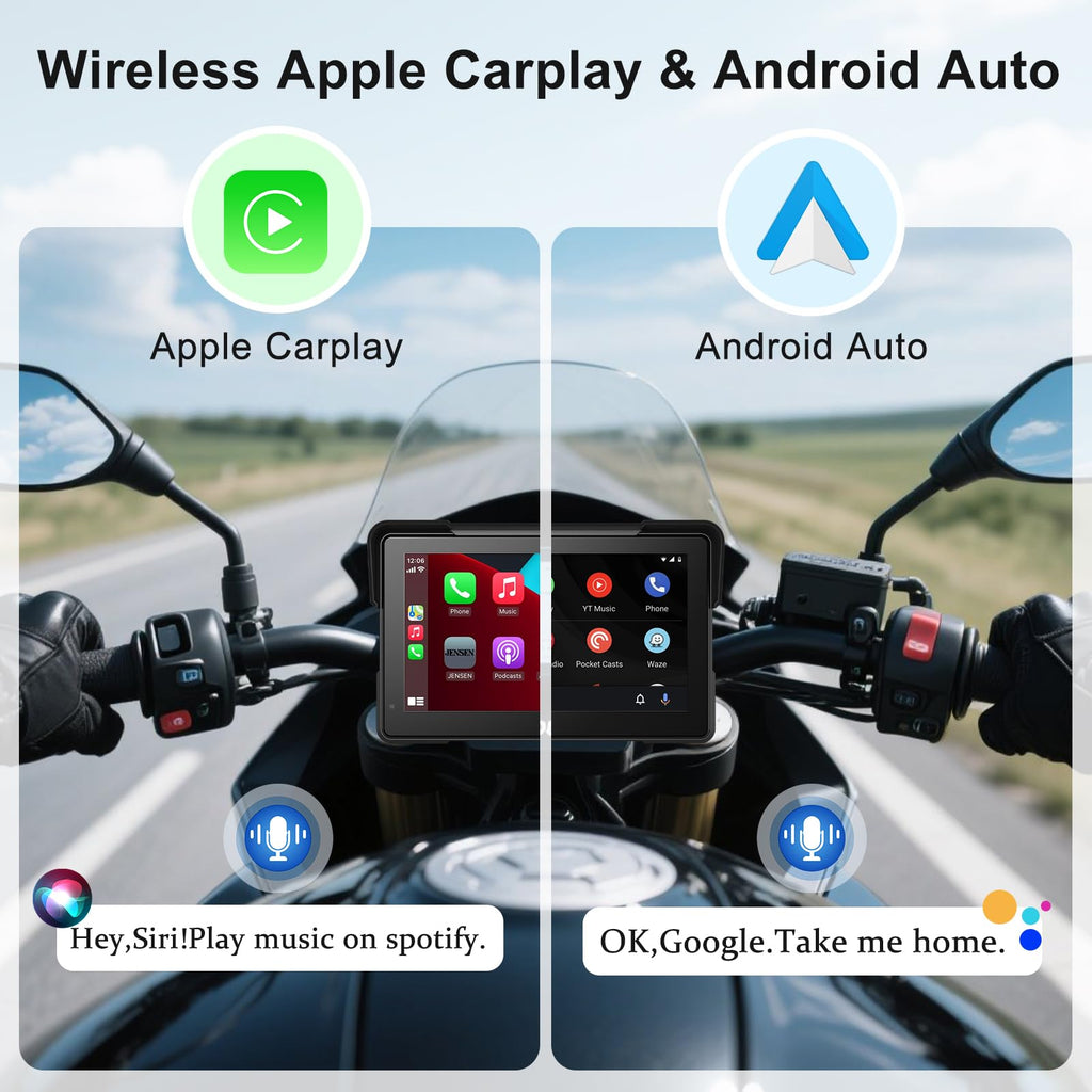 AotuLink 7-Inch Wireless Motorcycle Carplay GPS Navigation System with Apple Carplay and Android Auto, Portable Moto Car Play Screen, Navigation, Siri, Google Assistant.