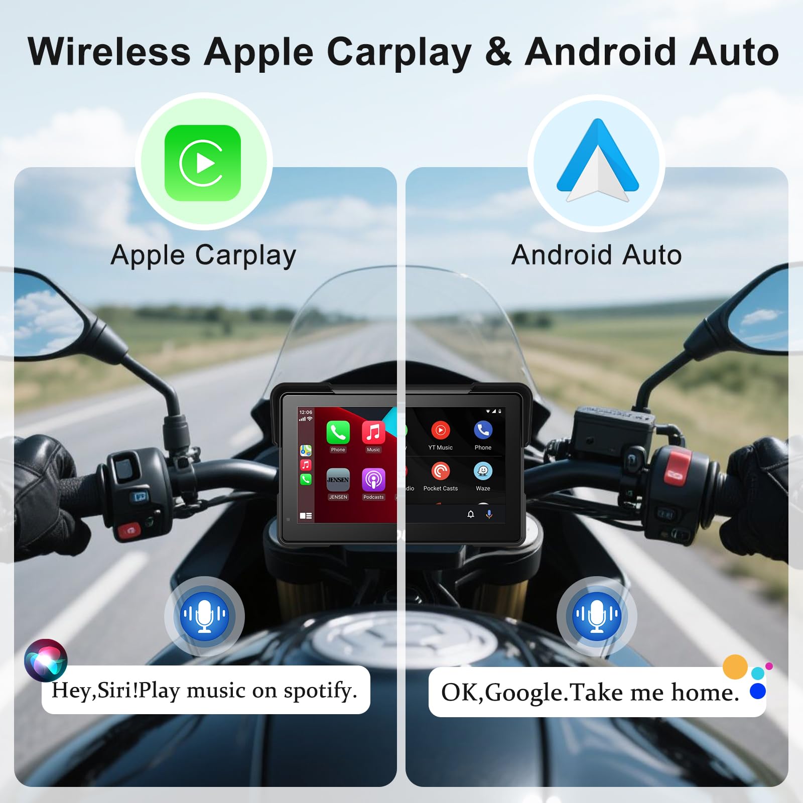 AotuLink 7-Inch Wireless Motorcycle Carplay GPS Navigation System with Apple Carplay and Android Auto, Portable Moto Car Play Screen, Navigation, Siri, Google Assistant.