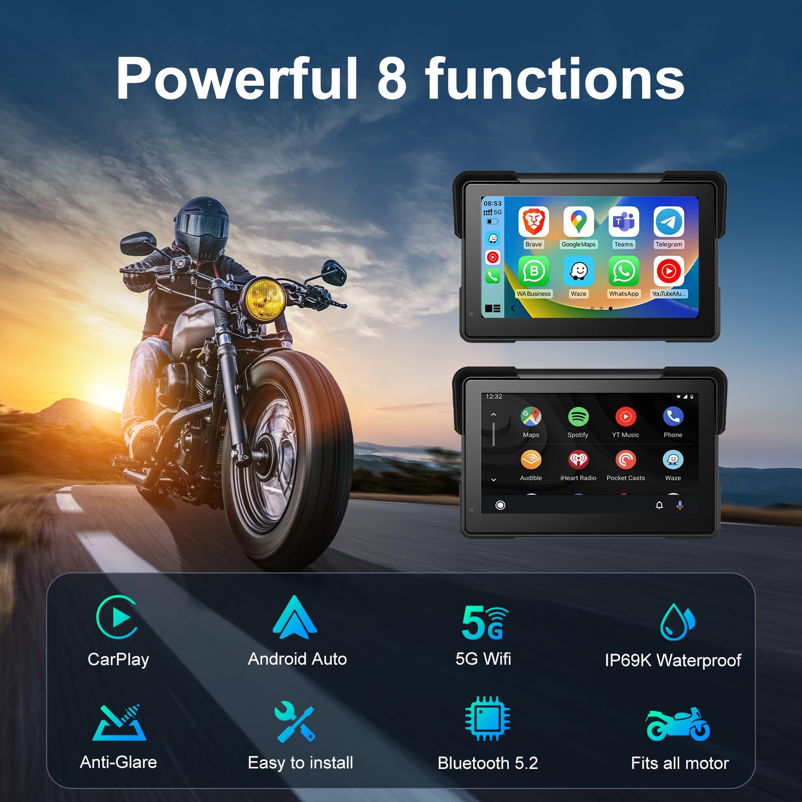 AotuLink 7-Inch Wireless Motorcycle Carplay GPS Navigation System with Apple Carplay and Android Auto, Portable Moto Car Play Screen, Navigation, Siri, Google Assistant.