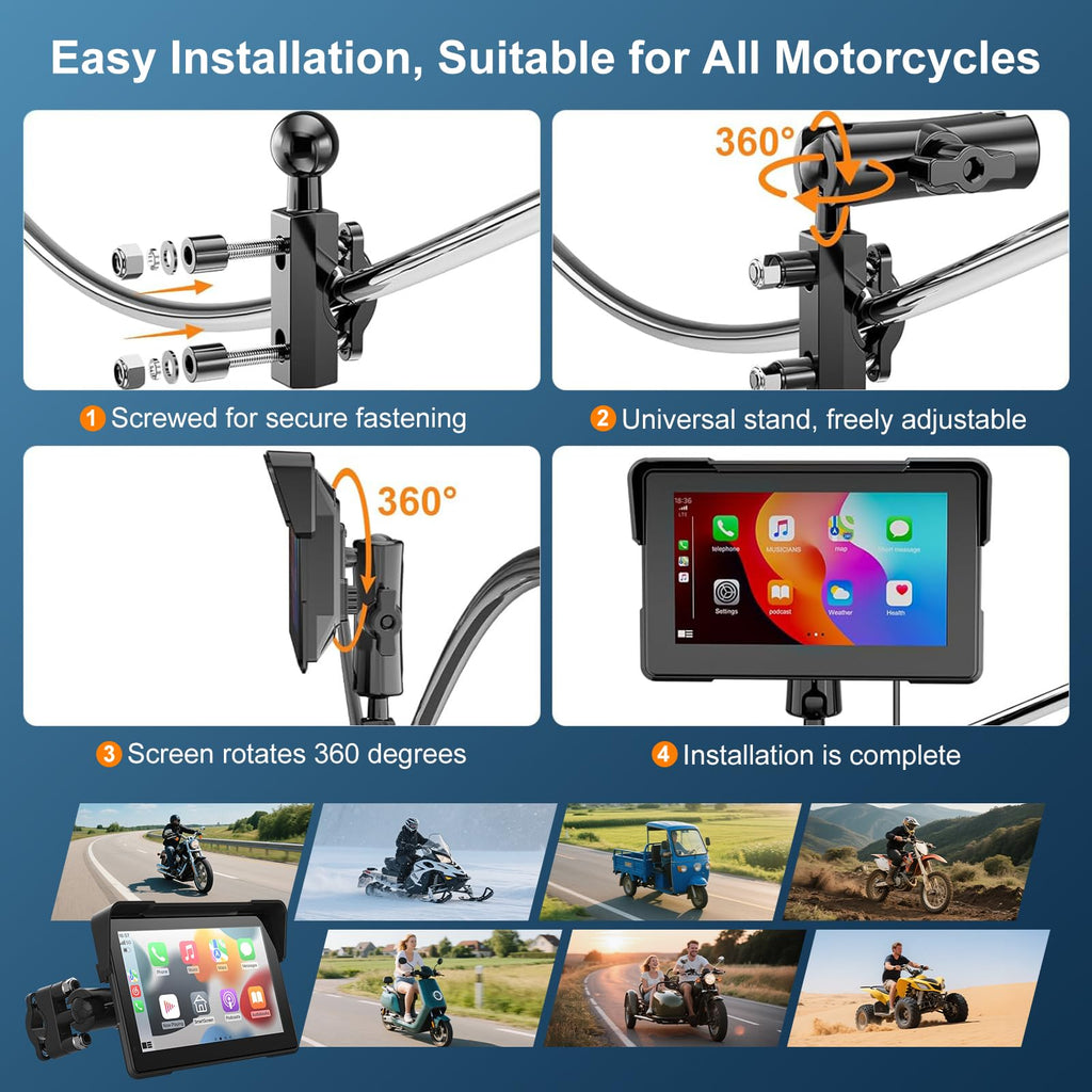 AotuLink 7-Inch Wireless Motorcycle Carplay GPS Navigation System with Apple Carplay and Android Auto, Portable Moto Car Play Screen, Navigation, Siri, Google Assistant.