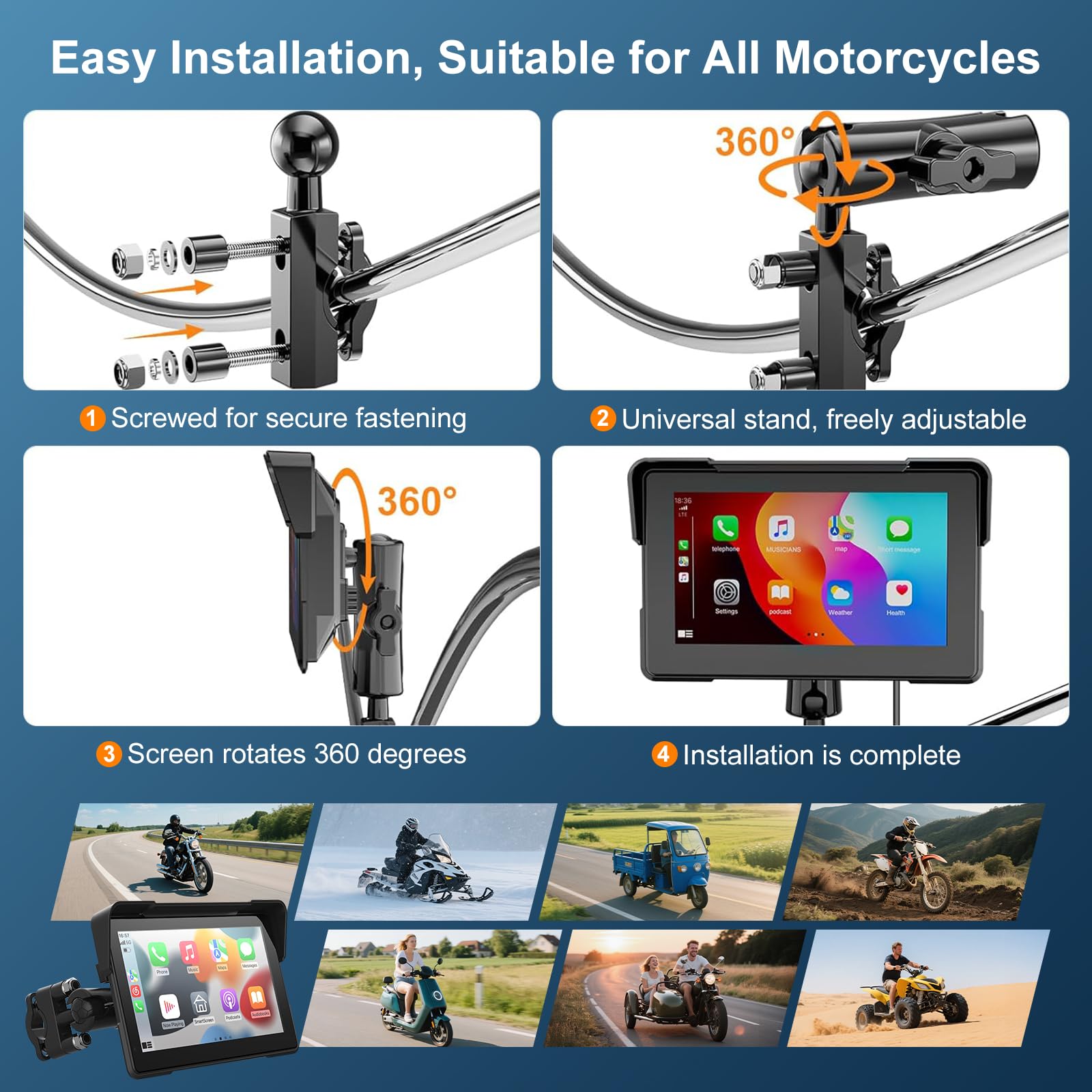 AotuLink 7-Inch Wireless Motorcycle Carplay GPS Navigation System with Apple Carplay and Android Auto, Portable Moto Car Play Screen, Navigation, Siri, Google Assistant.