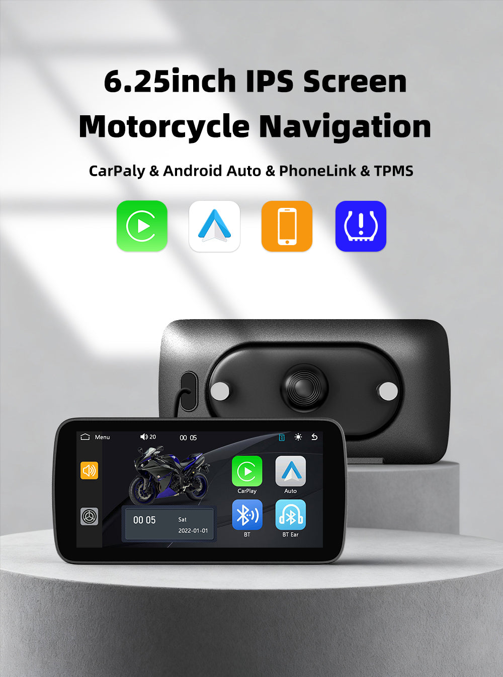6-Inch Smart Motorcycle Display, Wireless Apple CarPlay & Android Auto, Built-in TPMS, Navigation Support, Siri & Google Assistant, Quick-Release Bracket, IP67 Waterproof