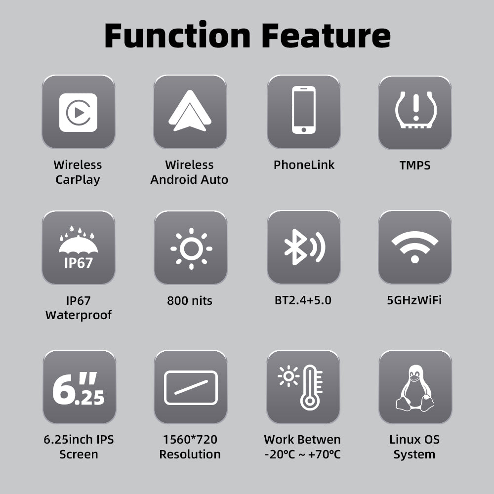 6-Inch Smart Motorcycle Display, Wireless Apple CarPlay & Android Auto, Built-in TPMS, Navigation Support, Siri & Google Assistant, Quick-Release Bracket, IP67 Waterproof