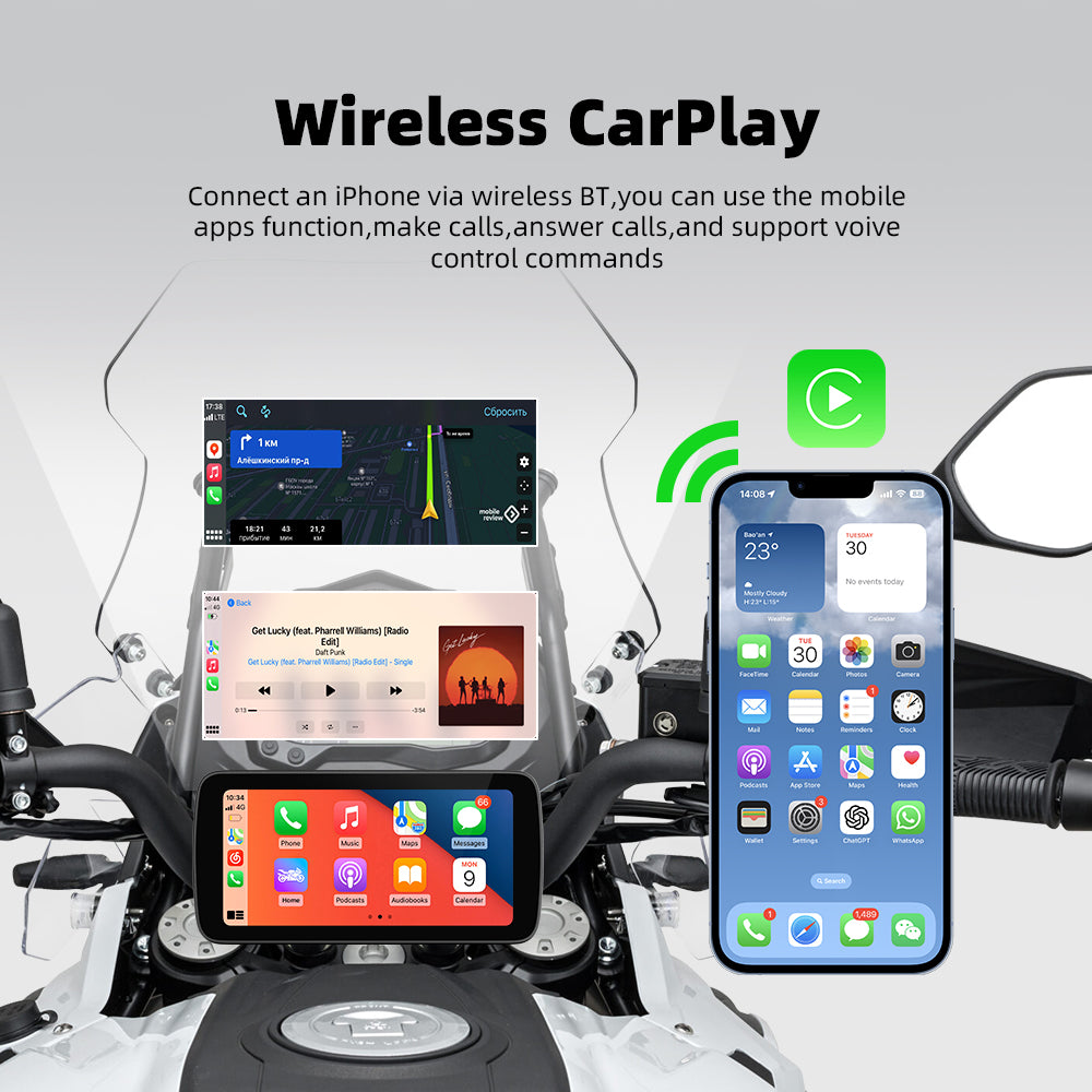 6-Inch Smart Motorcycle Display, Wireless Apple CarPlay & Android Auto, Built-in TPMS, Navigation Support, Siri & Google Assistant, Quick-Release Bracket, IP67 Waterproof