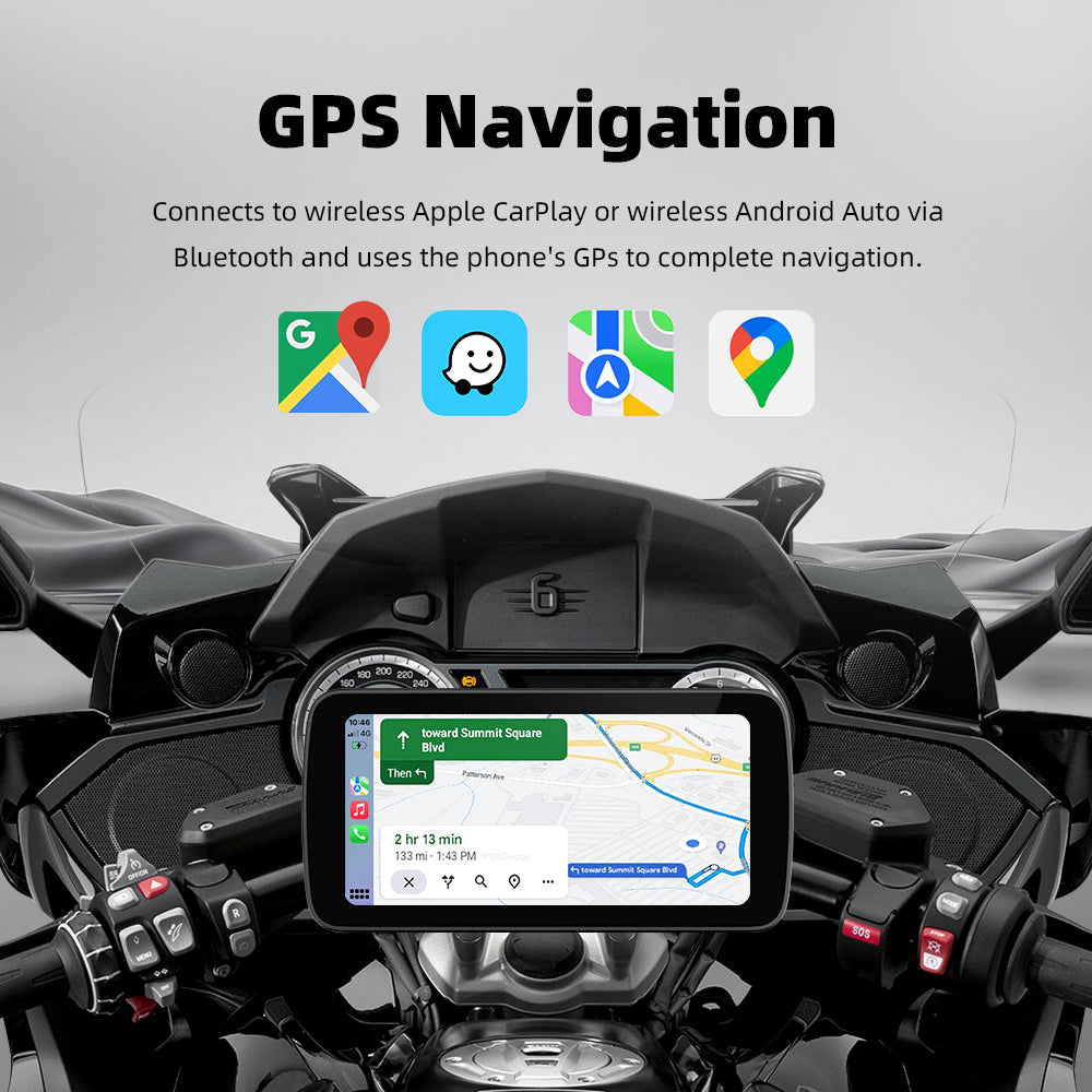 6-Inch Smart Motorcycle Display, Wireless Apple CarPlay & Android Auto, Built-in TPMS, Navigation Support, Siri & Google Assistant, Quick-Release Bracket, IP67 Waterproof