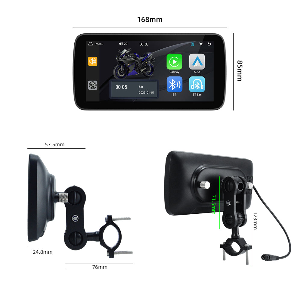 6-Inch Smart Motorcycle Display, Wireless Apple CarPlay & Android Auto, Built-in TPMS, Navigation Support, Siri & Google Assistant, Quick-Release Bracket, IP67 Waterproof
